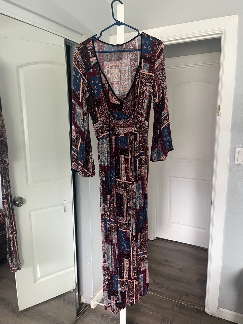American Eagle Outfitters Patchwork Maxi Dress with bell sleeves and side slits
